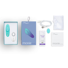 Moxie includes remote control, lubricant, USB charge cable, and silky carrying bag