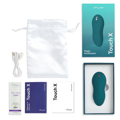 We-Vibe Touch X Magic Multitasker Vibe accessories included - silky bag, instructions manual, lube, USB charging cable.